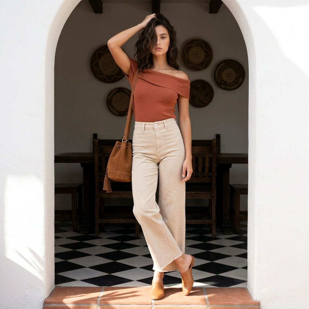 Zara High-Waisted Wide-Leg Raw Hem Jeans in Cream